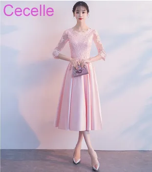 

Pink Lace Satin Short Modest Bridesmaid Dresses With 3/4 Sleeves A-line Tea Length Country Western Maids of Honor Dress Cheap