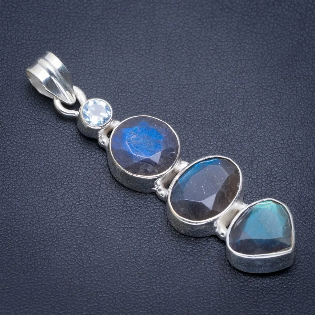 

Natural Blue Fire Labradorite and Blue Topaz Handmade Unique 925 Sterling Silver Pendant 2.25" A1649
