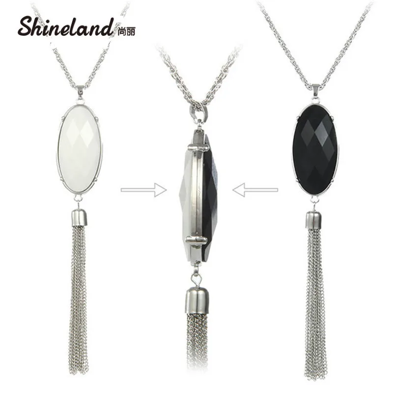 

New Double Sides Pendant Necklace Gold/Silver Color Black White Color Resin Long Tassel Necklace For Women Statement Jewelry