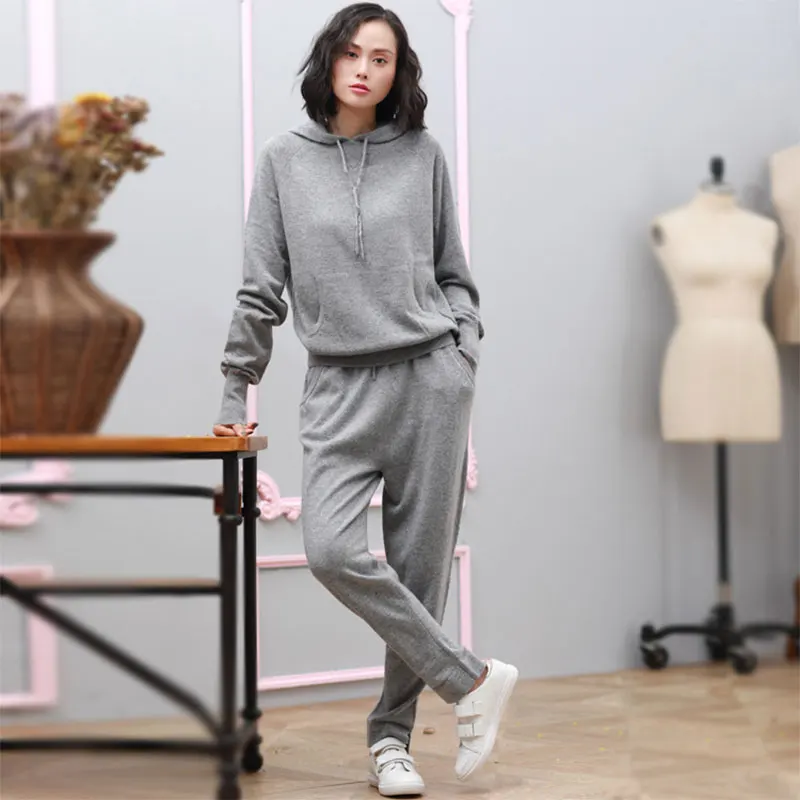 

Women Two Piece Outfits New 100% Pure Cashmere Woman Tracksuit 2 Pieces Sweater Sets Autumn Winter Womens Sportswear Casual