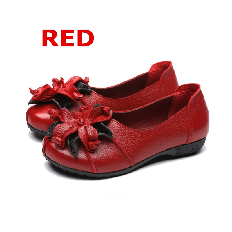 DONGNANFENG/Женская обувь на плоской подошве; лоферы с резиновой подошвой из натуральной кожи без шнуровки для мам; Повседневная Винтажная обувь с цветочным принтом и круглым носком; Размеры 35-41; OL-8916 - Цвет: red