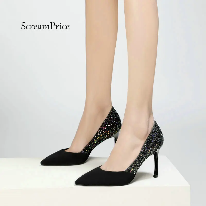 

Women Suede Sexy Thin High Heel Slip On Lazy Shoes Fashion Sequins Pointed Toe Dress Party Women Pumps Black Gold