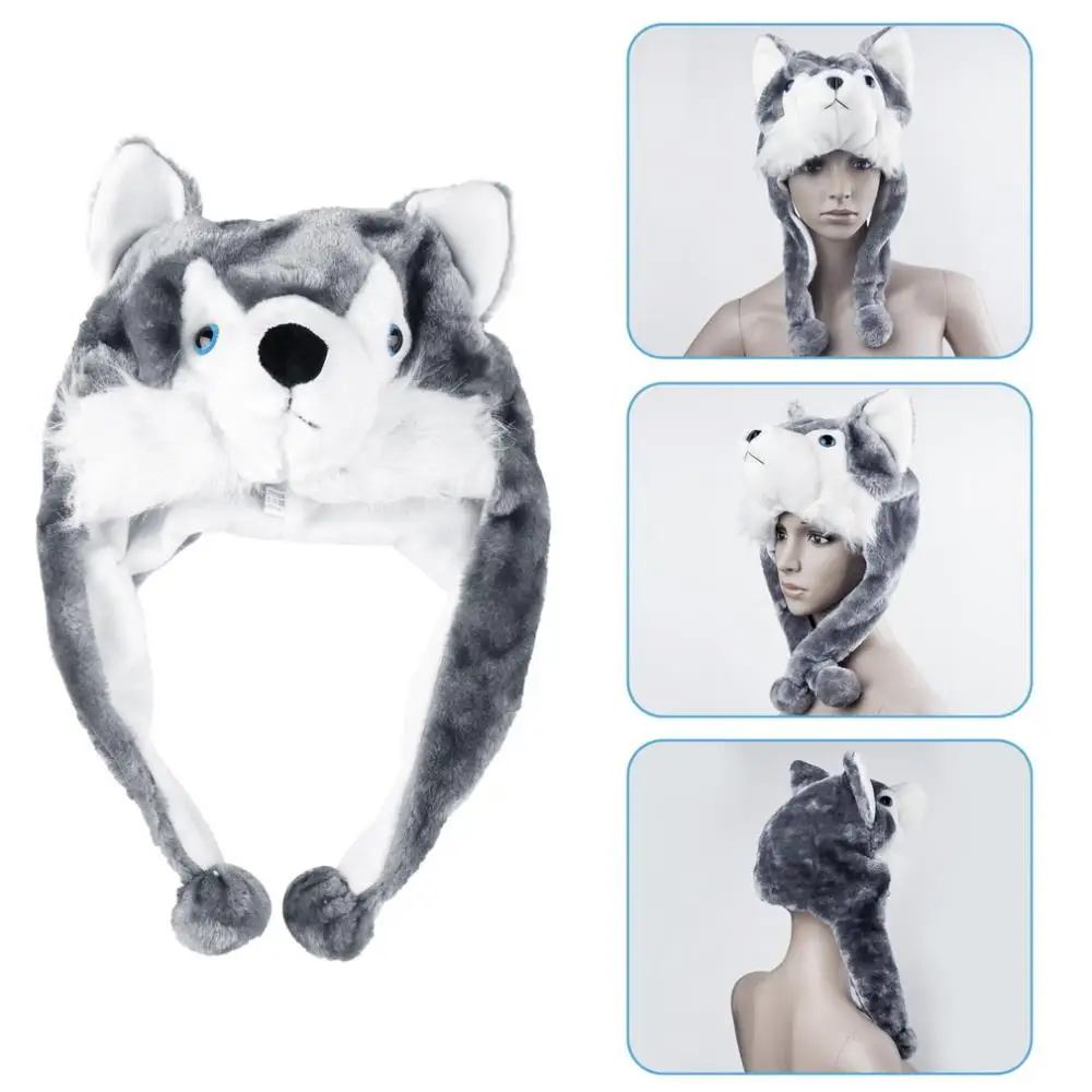 NEW Cartoon Animal style Hood Wolf Hat Hoods Beanies Cute Fluffy kids Caps Soft Warm Scarf Earmuff Plush Huskies Hats