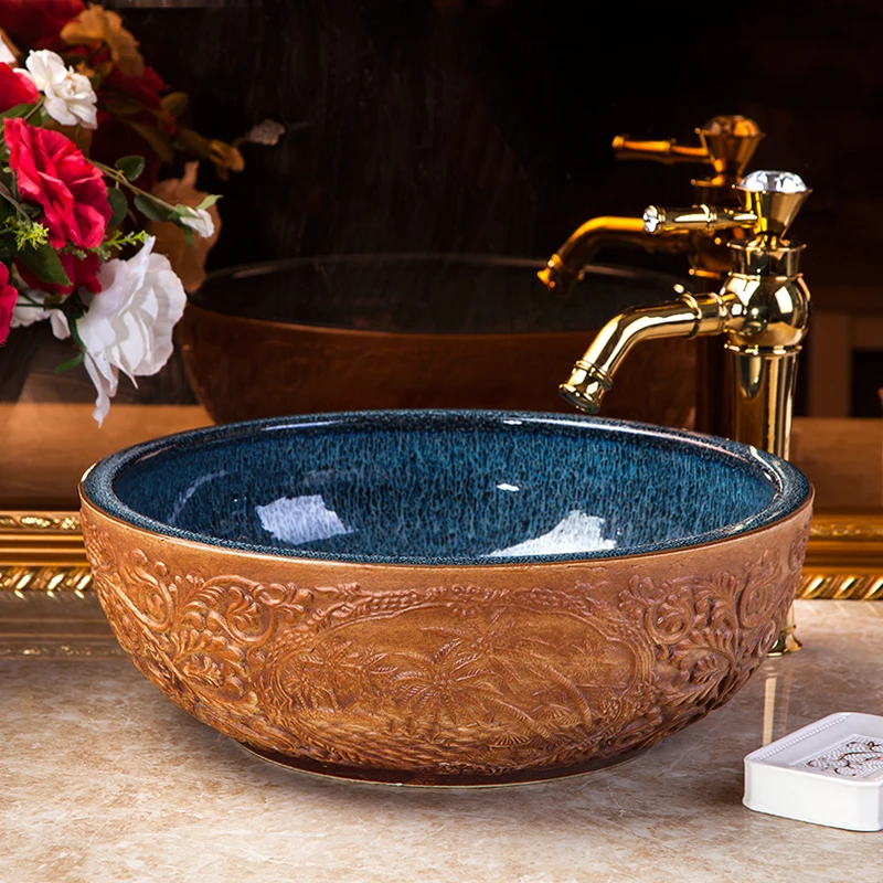 Creative home bathroom art pattern Bowl-shaped wash basin above counter top wash basin sinks chinese porcelain wash basin   (7)