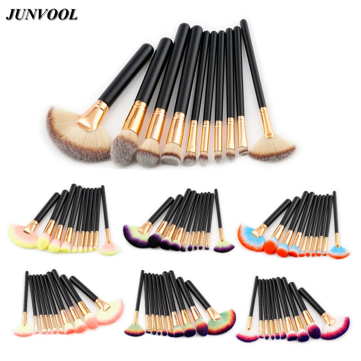 Rainbow Large Fan Brush Tools Kit 10pcs Power Foundation Blush Eye