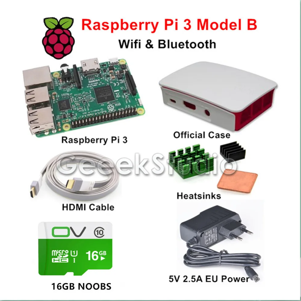 

Raspberry Pi 3 Model B Starter Kit with Official Case 16GB NOOBS 5V 2.5A EU/US/UK Power Supply Heatsinks HDMI Cable
