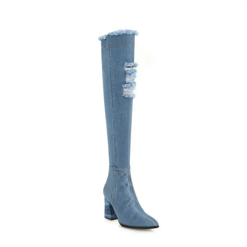 ZawsThia/; сезон весна-осень; цвет синий, черный; ботфорты из матовой джинсовой ткани; женские ботфорты с острым носком на высоком каблуке - Цвет: light blue