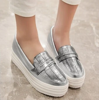 

Fashion Street Gold +Silver Eevator Platform Shoes For Women Pu Leather Vogue Comfort Loafers Creepers Platform Flat Shoes 111