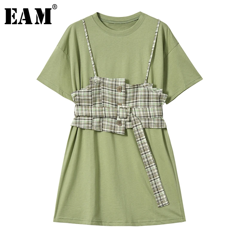 

[EAM]2019 New Spring Summer Round Neck Short Sleeve Spliced Plaid Bandage Button Temperament Loose Dress Women Fashion Tide JX11