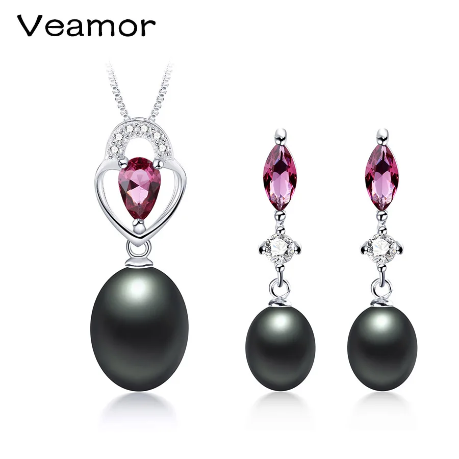 VEAMOR Popular Elegant 925 Sterling Silver Black Pearl Jewelry Set for Women Pendant Necklace &amp Earrings Party/Wedding Occasion |