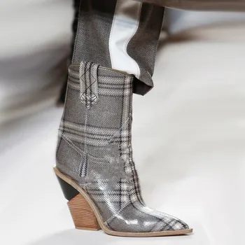 

2018 Runway Hoof High Heels Ankle Boots Women Sexy Ladies Stilettos Heels Shoes Women Pu Leather Slip on Pointed Toe Short Boots