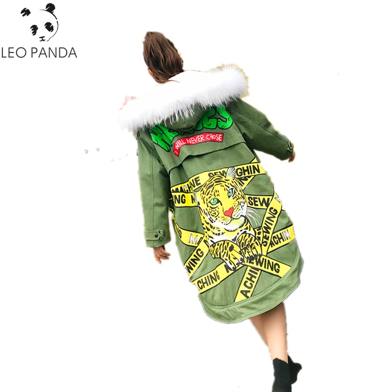 

Women winter Superior quality Cotton coat Print Tiger head Letter Real Fur Collar hooded coat 2019 new warmed Thick female XY126