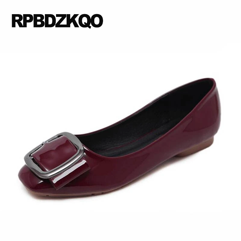 Black Office Flats Square Toe Fashion Cheap Shoes China Grey Large Size Red Wine Patent Leather Women 9 Metal European Spring