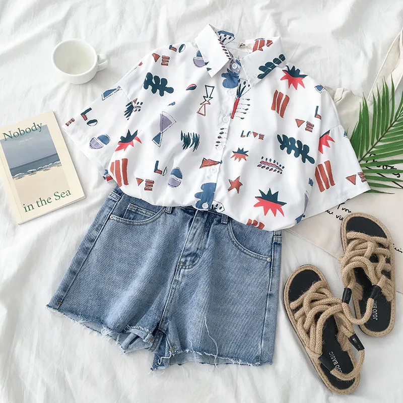 

mori girls summer Japanese harajuku design short sleeve turndown collar childlike cartoon print blouse shirt blusas mujer