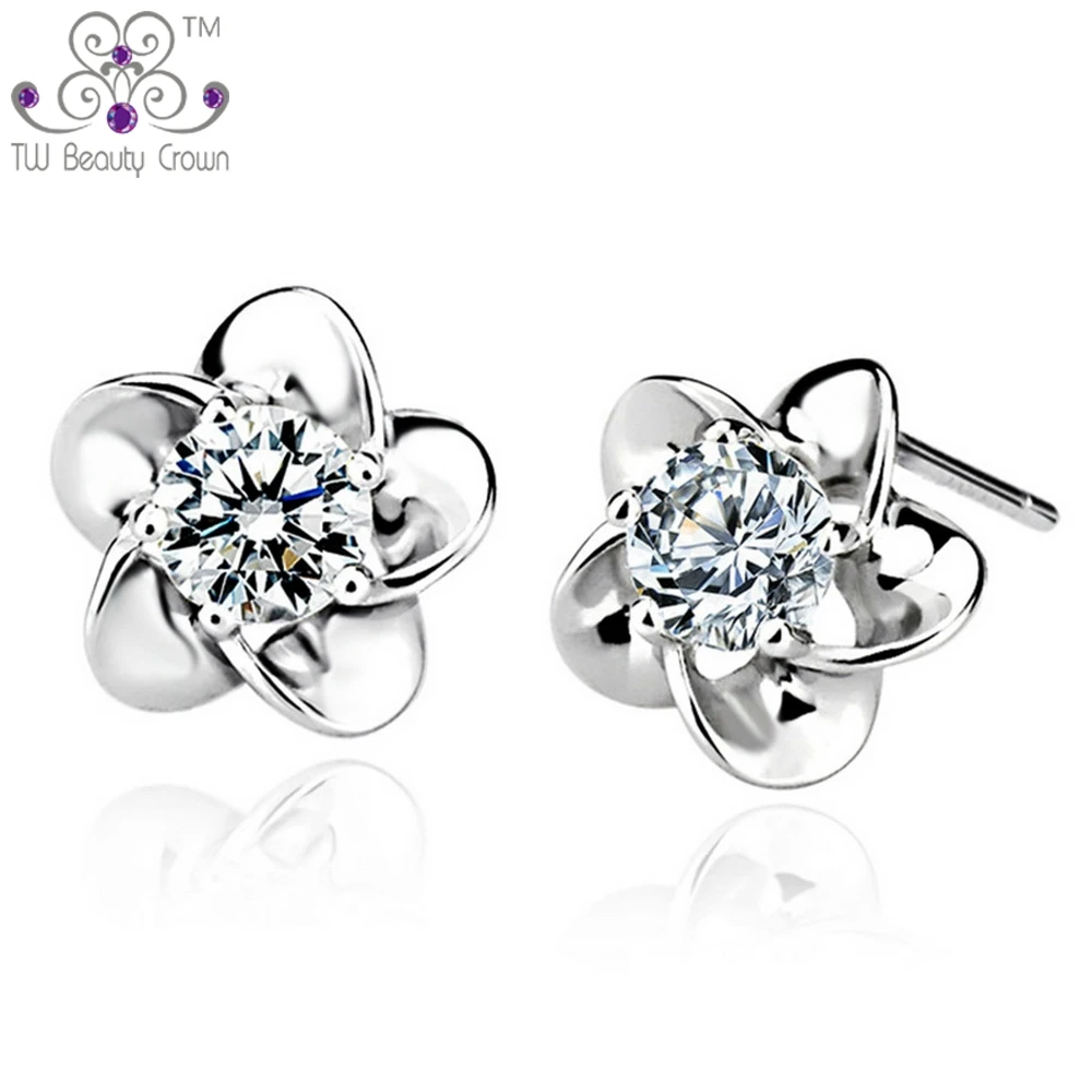 

1 Pair Authentic 925 Pure Sterling Silver Elegant White Purple CZ Cubic Zirconia Flower Stud Earrings For Women Fashion Jewelry