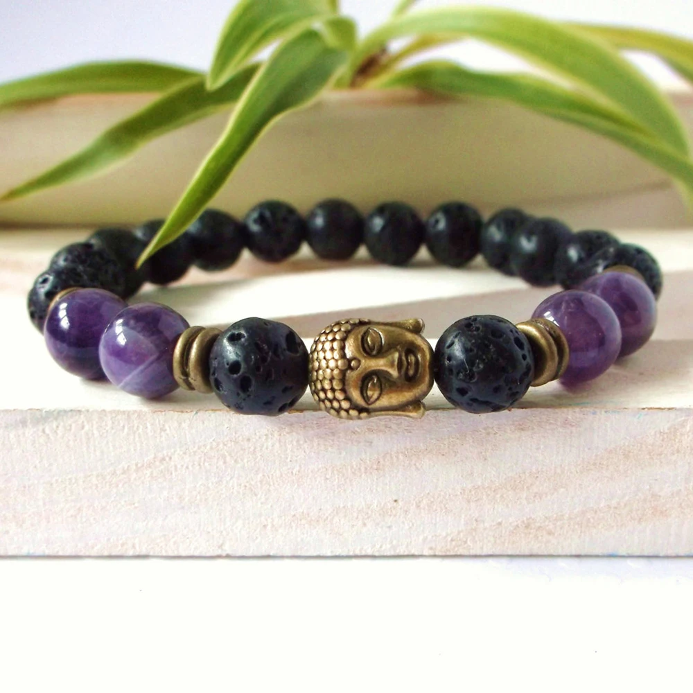 

Men's Purple Quartz lava rock natural stone meditation yoga bracelet mala beads Buddha bracelet,
