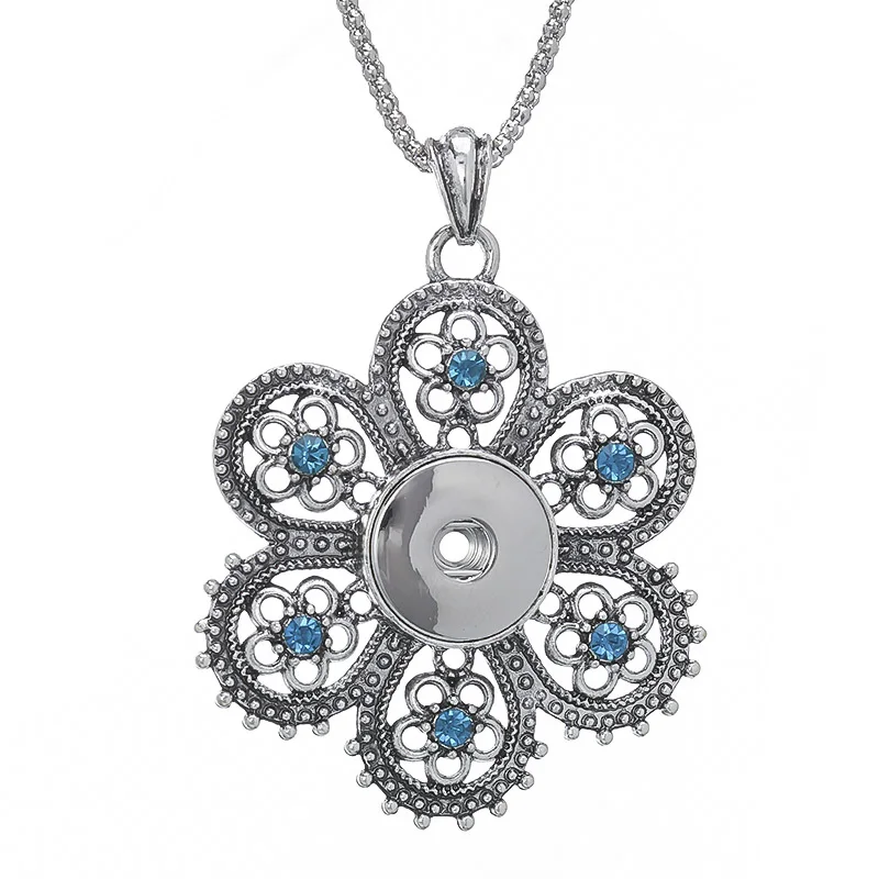 

Necklace Pendant Pentagram Lake Blue six-leaf flower Tassel Heart 18mm snap button Pendant Necklace For Women DIY Button GJ02