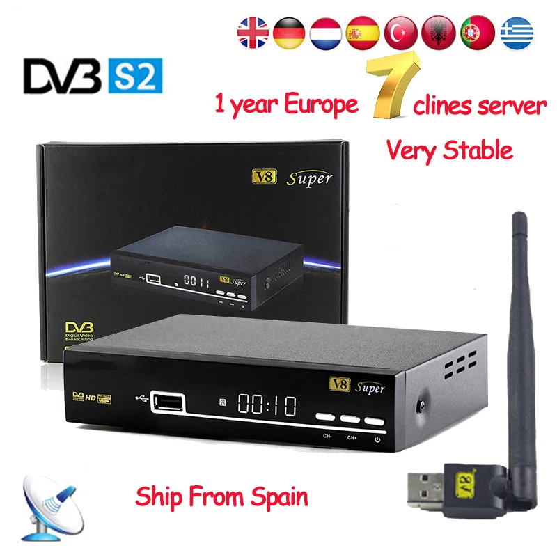 1 Year Europe 7 Clines Server Spain Italy Arabic V8 Super DVB-S2 Satellite Receiver Full HD 1080P USB WIFI Antenna