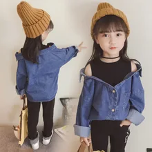 Корея осенняя одежда Блузка для девочек для младенцев рубашка для девочек джинсовые Straplesss детская одежда для детей черные повседневные Поддельные 2 шт. Топы