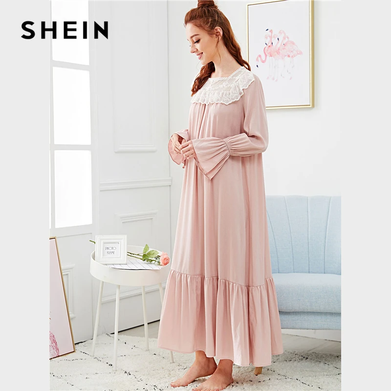 SHEIN Embroidery Mesh Yoke Flounce Trim Nightdress Pink Square Neck