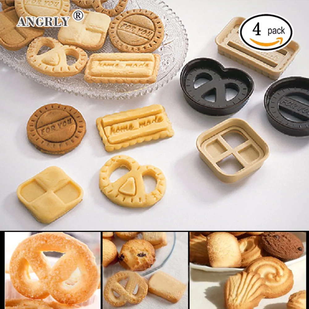 

ANGRLY 4Pcs/Set Circle / Square / Rectangle / Heart-shaped Design Sugar Cookie Molds Craft Plunger Cookie Cutter Molds Tools