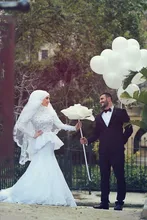 Top Quality High Neck Arabic Hijab Muslim Wedding Dresses 2016 New Arrival Appliques Lace White Long Sleeves Bridal Gown