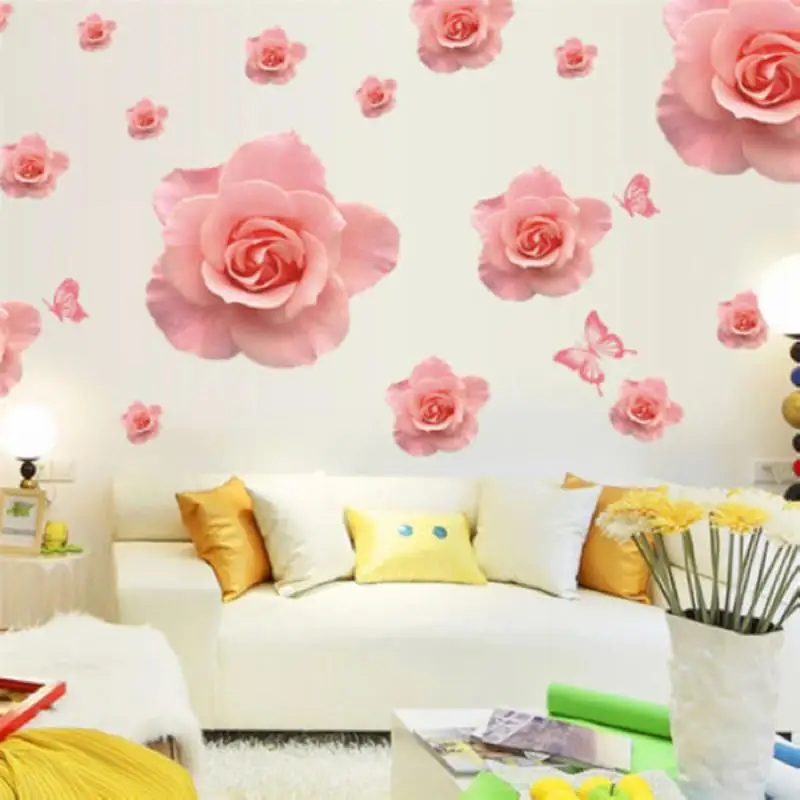 2018 Newest DIY Removable Vinyl 3D Pink Rose Butterfly Flower Wall Stickers Decal Art Home Decor