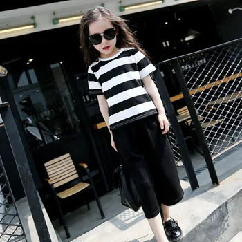 

Girls Summer Striped T-Shirt+Wide Leg Pants 2Pcs Clothes Sets Teenager Short Sleeve Clothing Sets Baby Casual Tracksuit AA11752