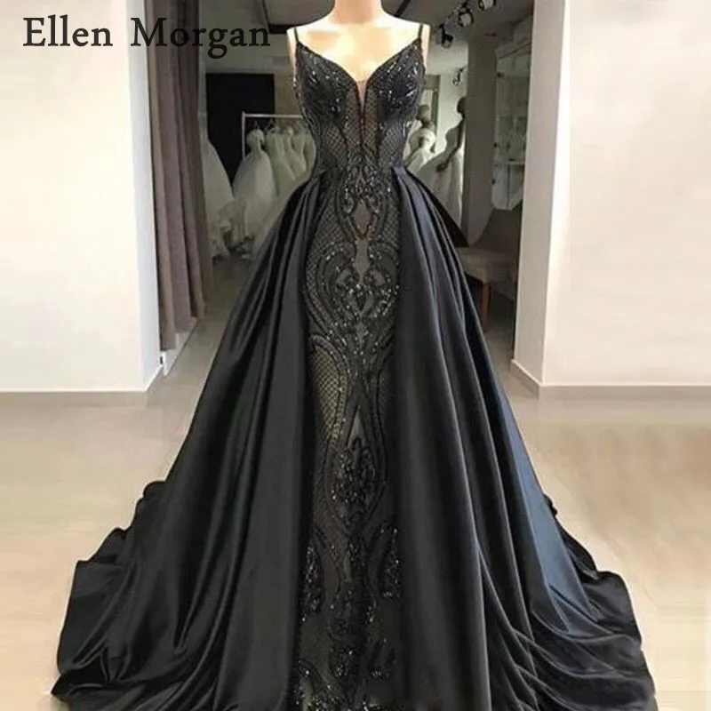 Zwarte Lovertjes Mermaid Lange Prom Dresses 2019 voor Vrouwen Dragen Verwijderbare Rok Satijn Sexy Fashion Avond Formele Jassen Party