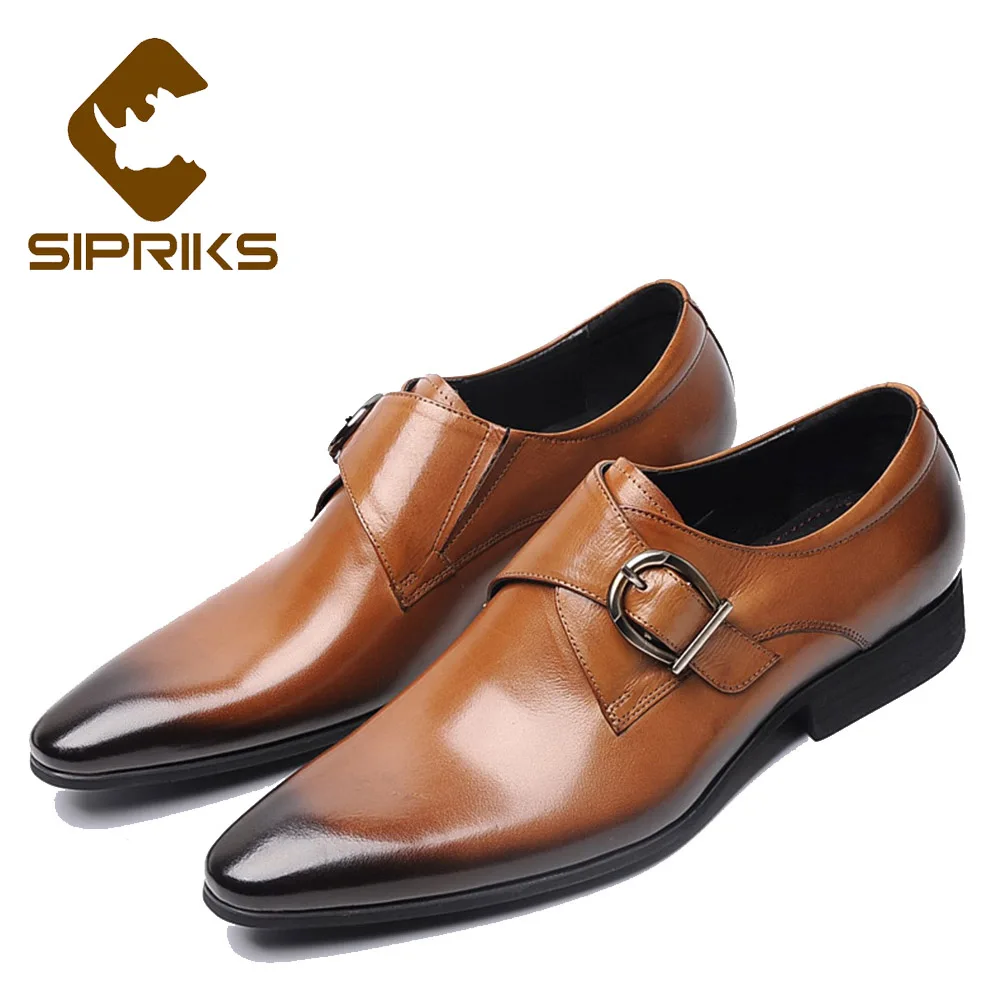 Sipriks Mens Single Monk Strap Shoes Real Leather Burgundy Dress Shoes Pointed Toe Social Men Shoes Tan Leather Wedding Shoes