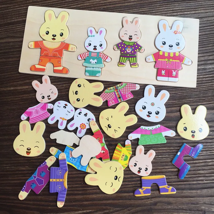 Детские игрушки кролик/медведь, семейное платье, меняющие деревянные игрушки для детей, туалетный пазл, деревянные головоломки для детей, развивающий подарок