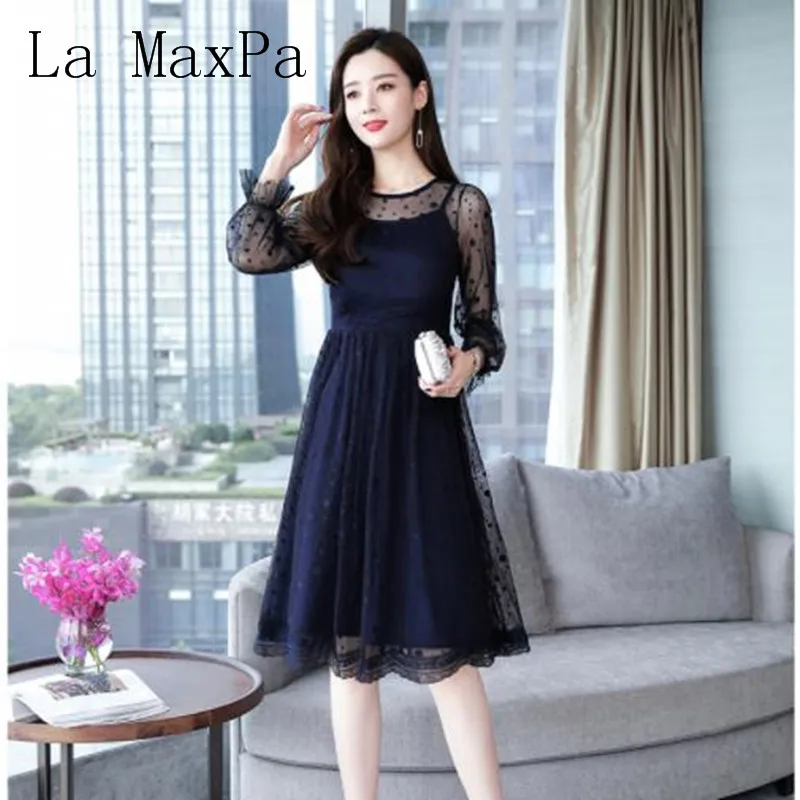 

La MaxPa 2019 Autumn Europe contrast color Long sleeve Lace Wave point Mesh Stitching Dress bottoming slim Dresses For Women