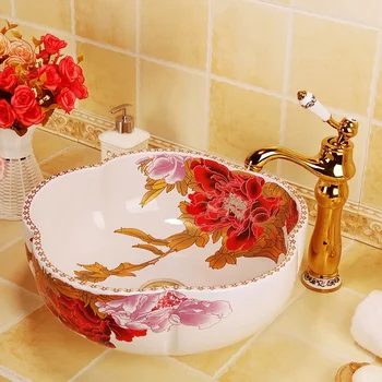 

Flower shape China Art porcelain Counter top Bathroom Sink Lavabo Ceramic above counter wash basins ceramic bathroom sinks