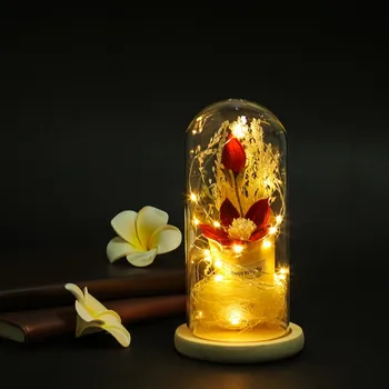 

Hot Sale Table Decorative Ornament Red Silk Rose Lily And Led Light With Fallen Petals In A Glass Do