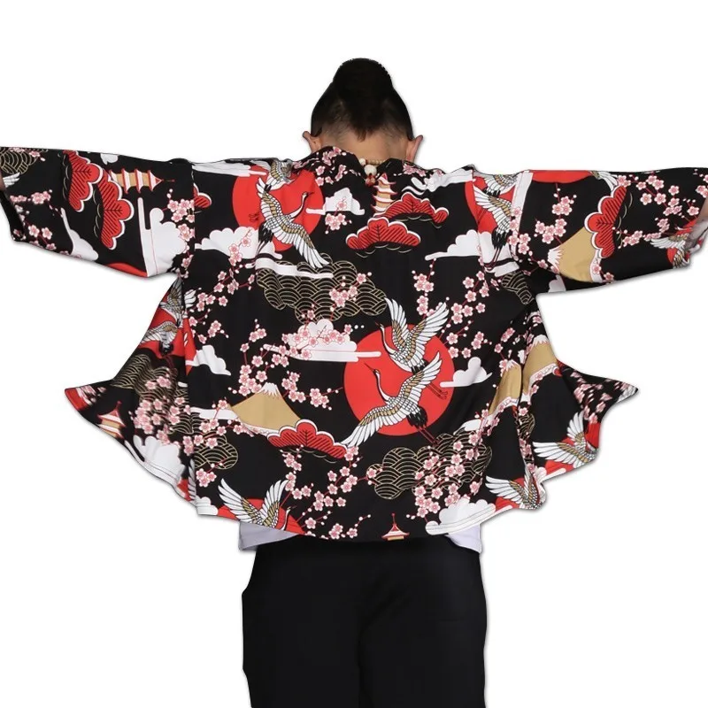 

Summer Men Casual Shirt Crane Sakura Print Japanese Style Kimono Man's Open Stitch Shirts Harajuku Beach Suncreen Top Plus XXL