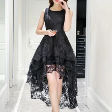 Hot 2018 Verão Mulheres Senhoras vestido Elegante Sem Mangas em torno do pescoço Lace Organza fit e alargamento Vestido de noite vestido de festa da moda