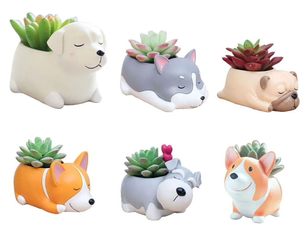 

6 PCS Set Cartoon Animal Corgi /Labrador /Husky /Pug /Panda /Schnauzer Shaped Succulent Cactus Flower Plant Pot Planter