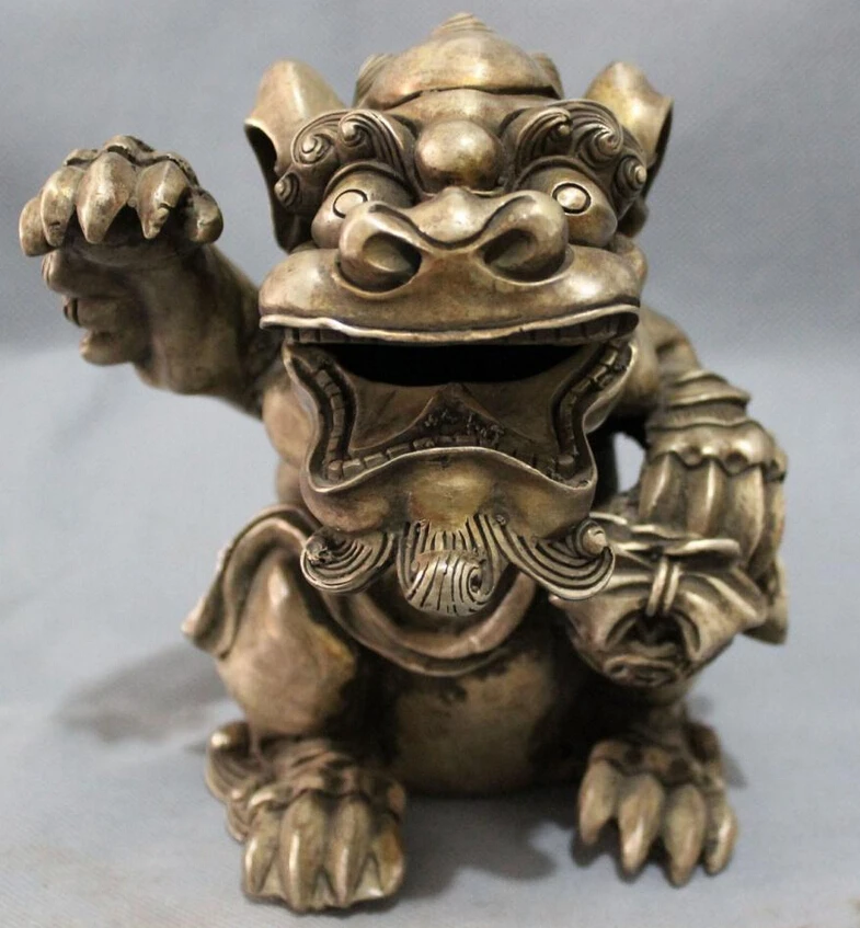 

S4940 8" China Silver Buddhism Foo Fu Dog Lion Head Statue PiXiu Incense Burner Censer D0317
