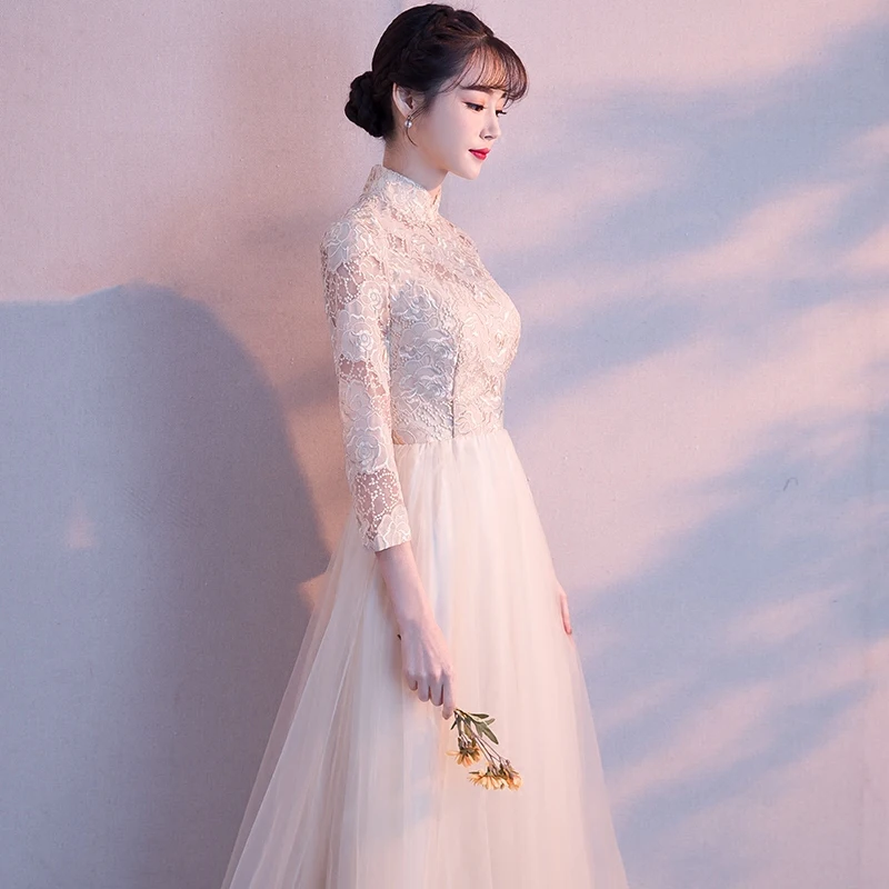 Классический воротник мандарина шампанского Cheongsam винтаж Улучшенный тонкий цветок Ципао подружки невесты Полная длина Свадебное платье Vestidos