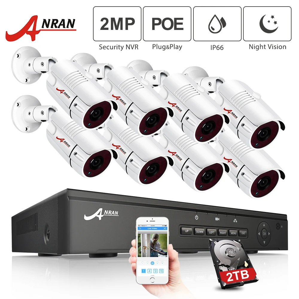 ANRAN 8 каналов 1080 P POE CCTV системы NVR комплект определение движения водостойкий безопасности IP камера P2P 1080 onvif-видео наблюдения