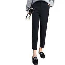 Сезон: весна–лето корейские женские классические Высокая талия черные штаны-шаровары Для женщин мода Slim Solid Цвет пят Брюки