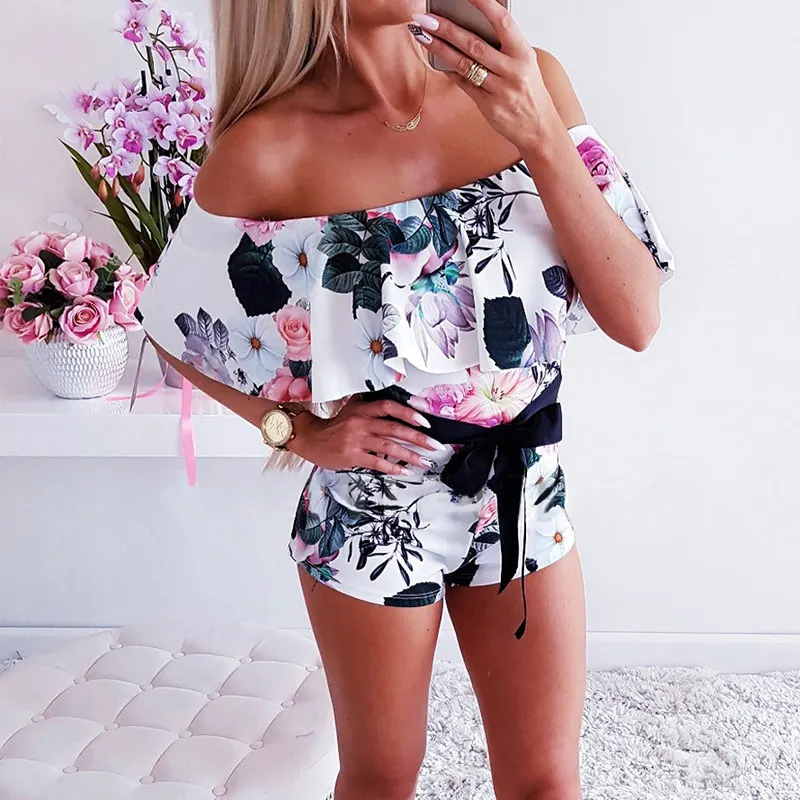 

Women Slashe collar Floral Print summer Romper 2019 off shoulder Bow Tie Sleeveless Wrap Belt Bodycon Beach Style Lady Playsuit