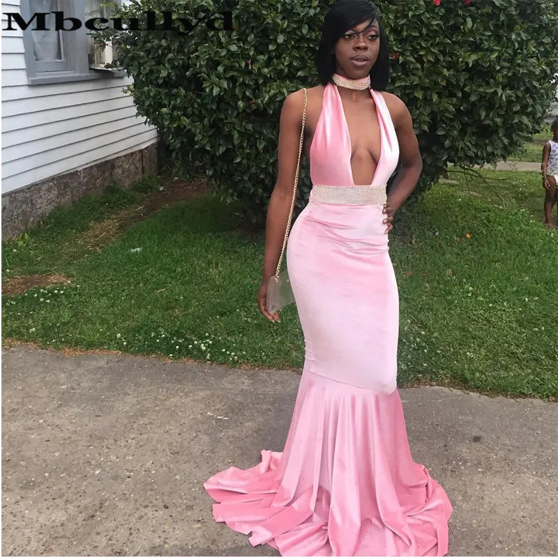 pink velvet prom dress