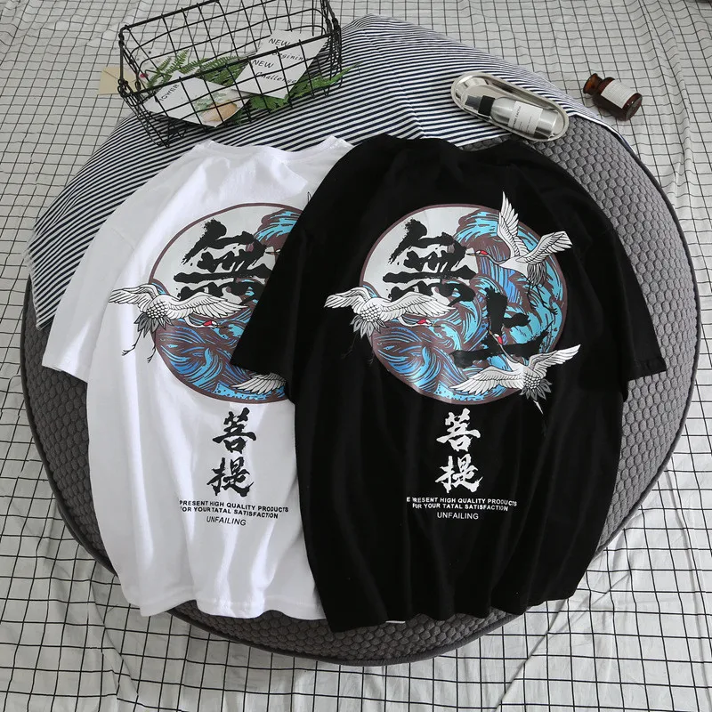 INS summer Chinese wind crane print Supreme Bodhi short-sleeved T-shirt hip-hop women man