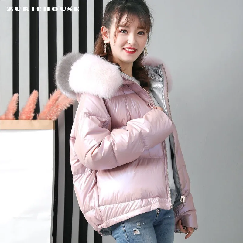 

ZURICHOUSE Glossy Winter Coats Woman Real Fox Fur Collar 90% White Duck Down Jacket Womens Double Sided Wear Hooded Parkas