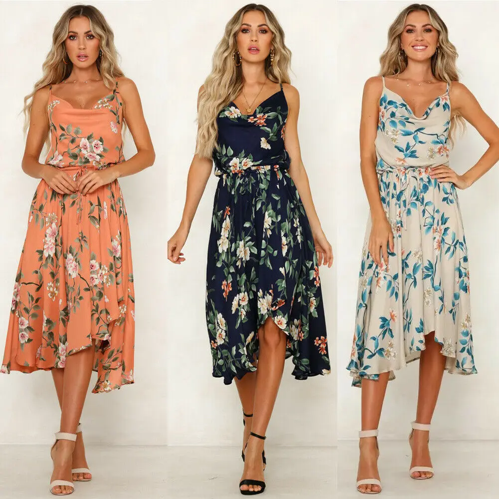 

Womens Boho Sleeveless V-neck Chiffon Flower Long Dress Summer Sleeveless Party Beach Holiday Sundress Dress