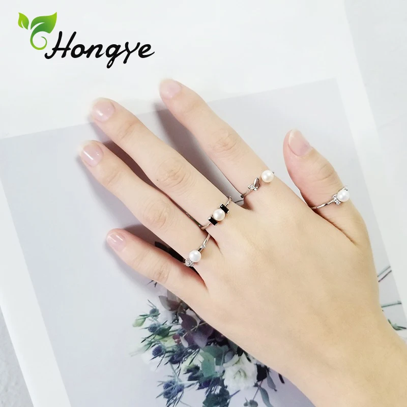 

Hongye 4 Styles Pearl Rings Women Quality Zircon Finger Accessories Adjustable Silver 925 Ring Jewelry Gifts for Mom/Girlfriend