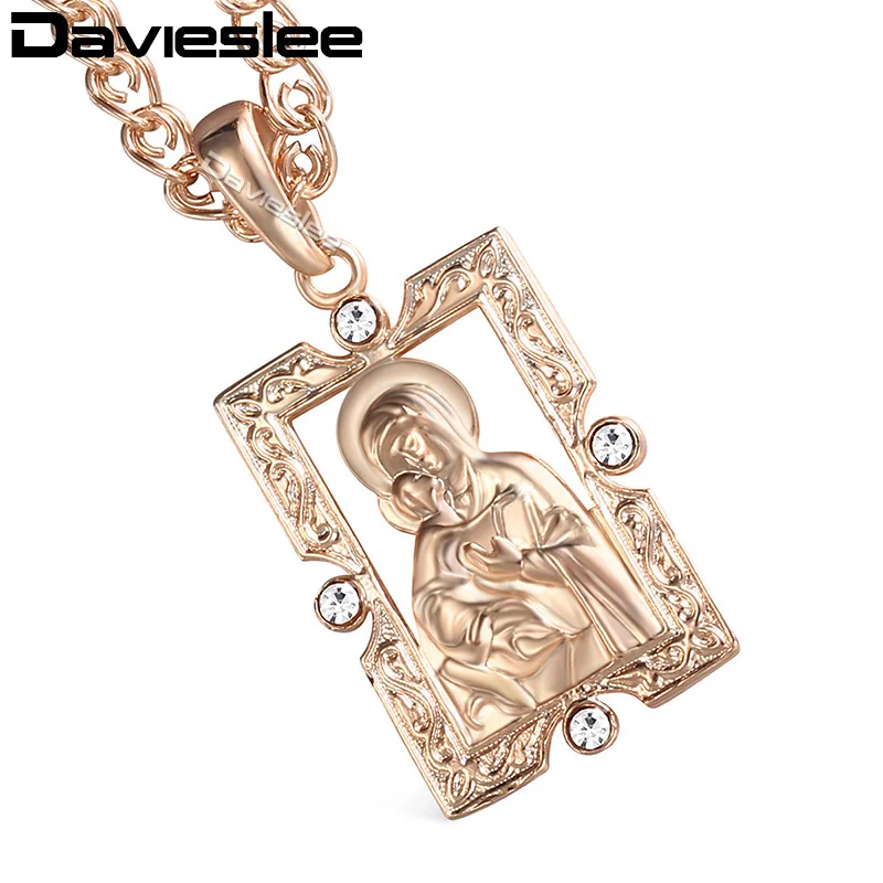 

Davieslee Virgin Mary Jesus Pendant Necklace For Women Men Paved with Rhinestones 585 Rose Gold Filled Chain LGP192