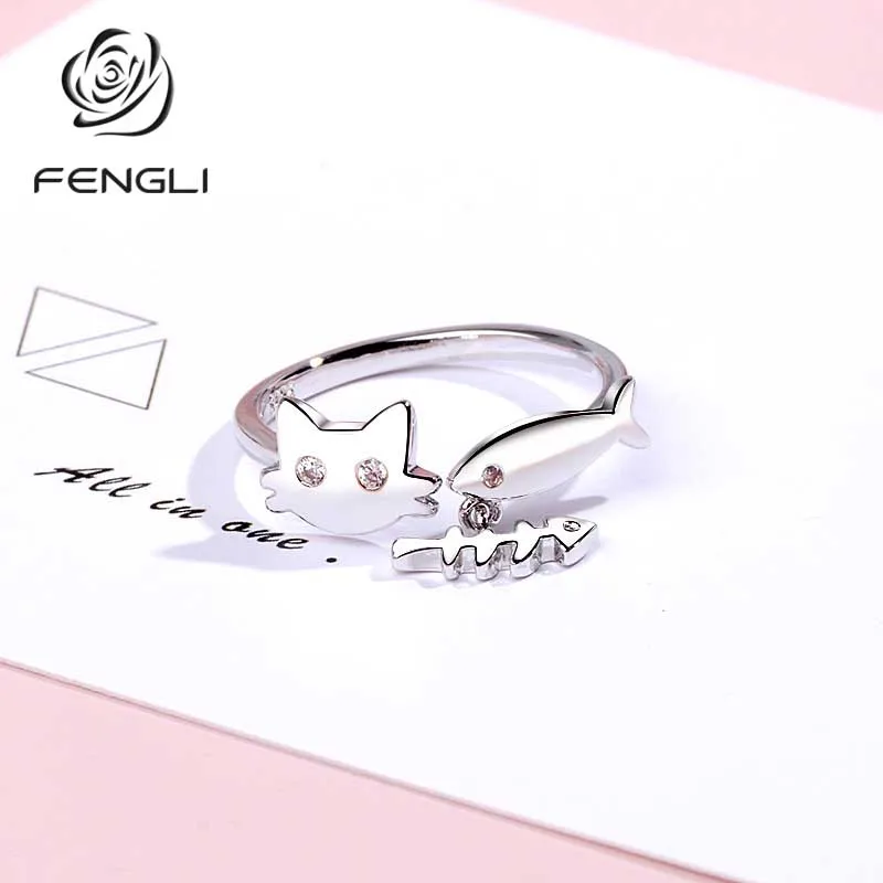 

FENGLI Charm Silver Cat Shape Ring Top Quality Korean Pet Lover Fashion Knuckle Rings Cute Animal Ring for Women Lady Gift
