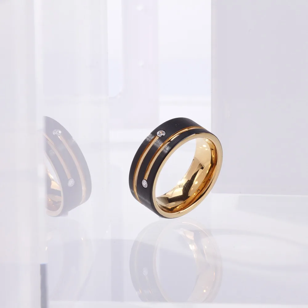 Online Anillo de carburo de tungsteno de Color dorado negro para hombres y mujeres anillo de boda aniversario incrustación brillante CZ joyas anillos de piedra